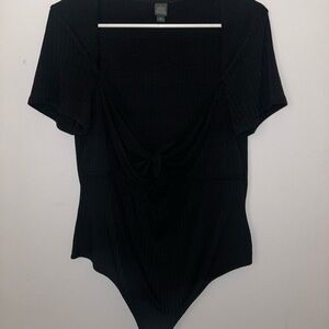 wild fable Black Ribbed Tie-Front Short Sleeve Bodysuit